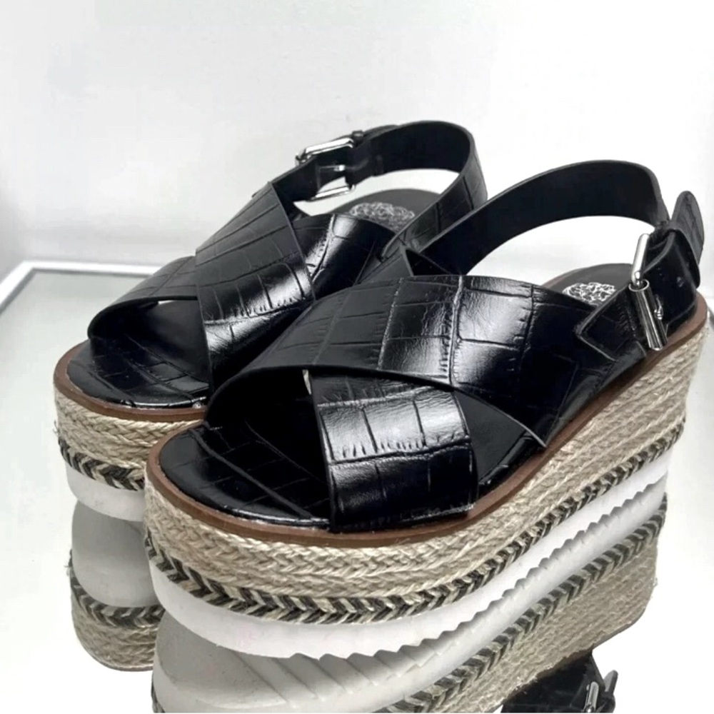 LNVince Camuto Platform Marietten Leather Croc Embossed Espadrille Cross Sandals - Picture 4 of 9
